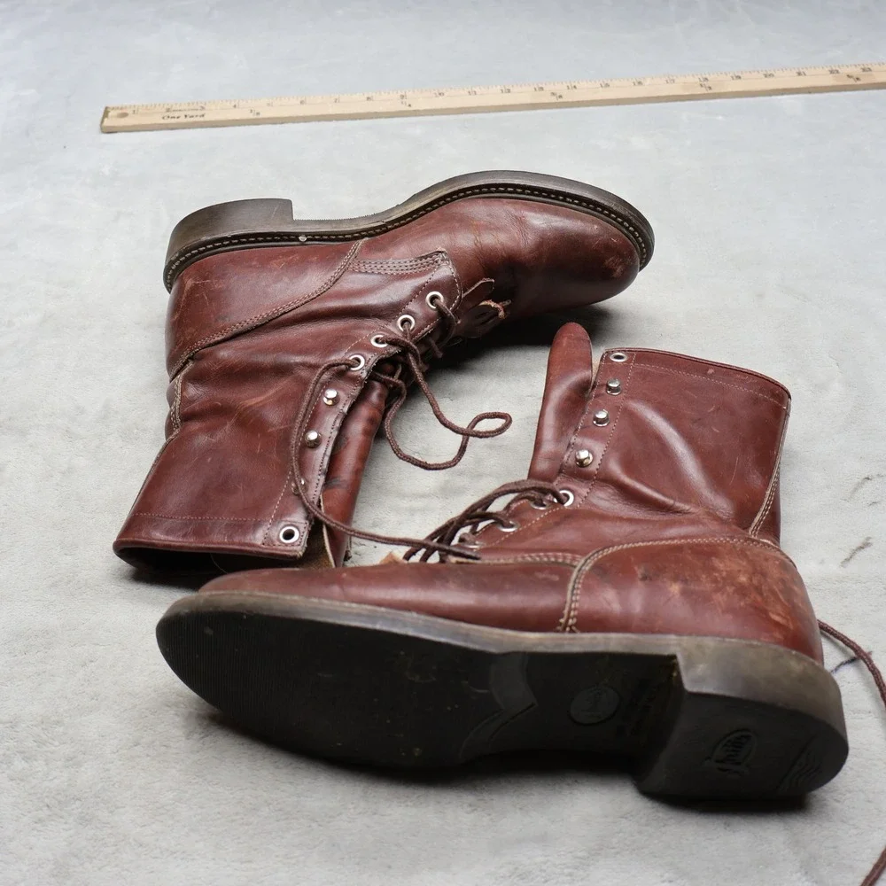Justin‎ Mens 7.5B Roper Boots Red Leather Lace Up Kiltie Rugged Workwear VTG USA